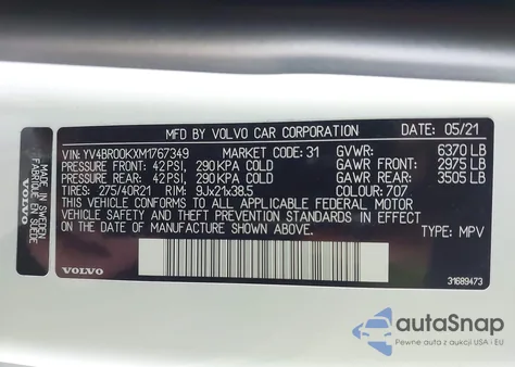 2021 Volvo Xc90 Recharge Plug-In Hybrid T8 Inscription Expression 6 Passenger from USA, damaged, VIN YV4BR00KXM1767349